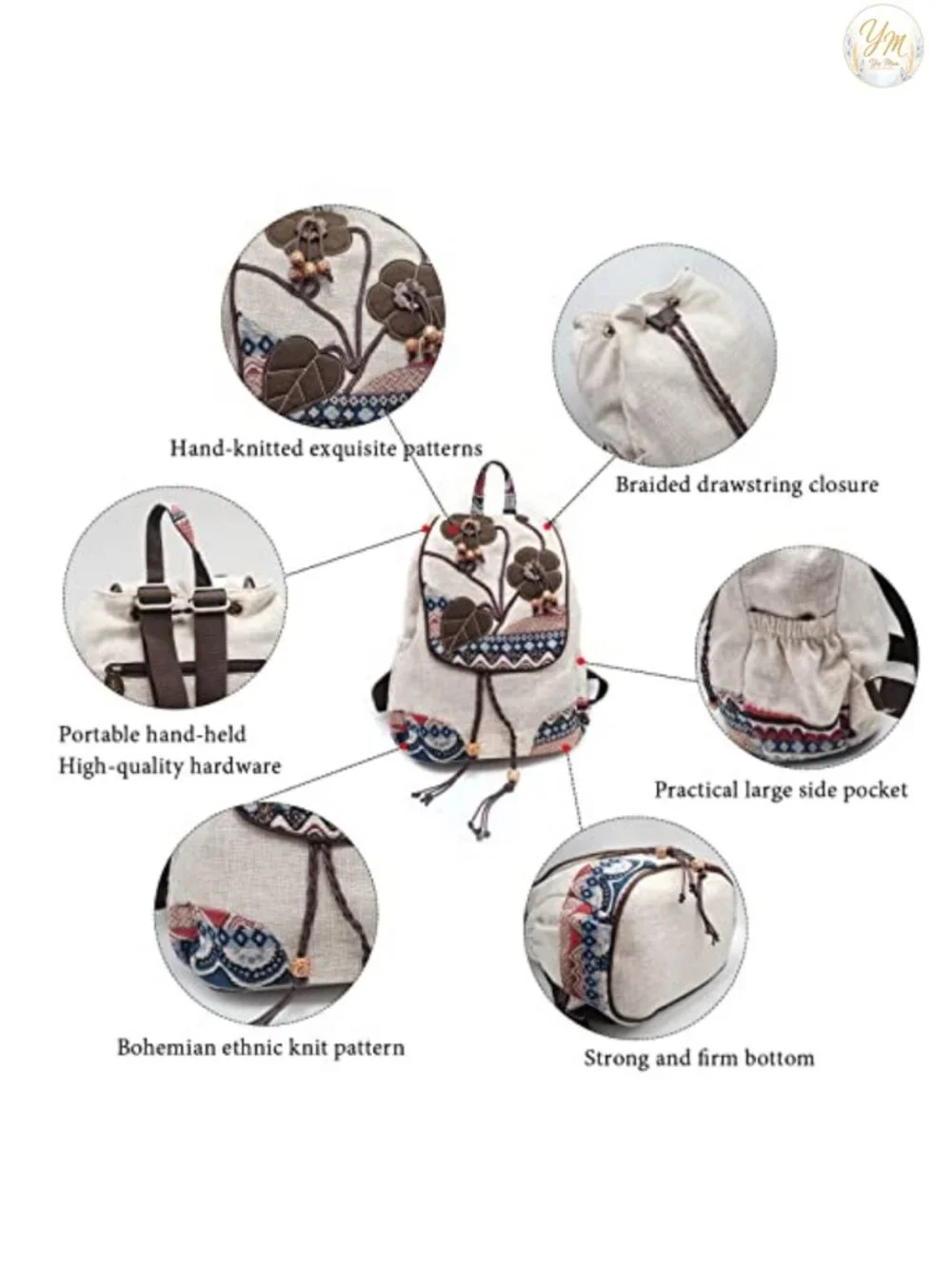 Vintage Bohemian Convertible Anti-Theft Canvas Drawstring Backpack Purse Women